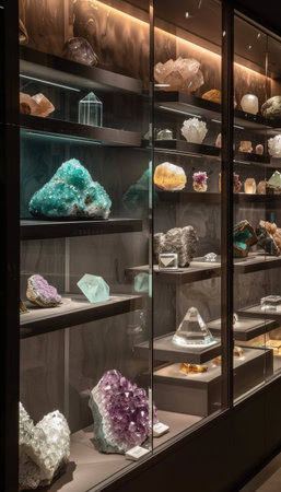 Elegant display of rare earth minerals presented like luxury gemstones in sleek boutique cases. soft interior lighting enhances the mineral colors, creating a sophisticated and luxurious ambiance perfect for high-end decor settings.の素材