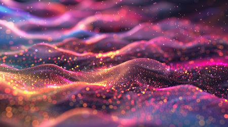 Vivid cyan and magenta lines glow, creating a seamless, futuristic pathway. particles float, enhancing depth and texture, evoking a sense of motion and innovation. ideal for modern design projects, technology themes, or digital art.の素材