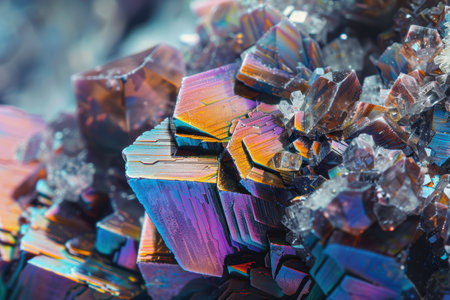 High-detail macro photography showcasing the intricate crystalline structures of rare earth minerals. the image displays a stunning array of vibrant, iridescent colors, providing a close-up view of the unique textures and geometric patterns.の素材