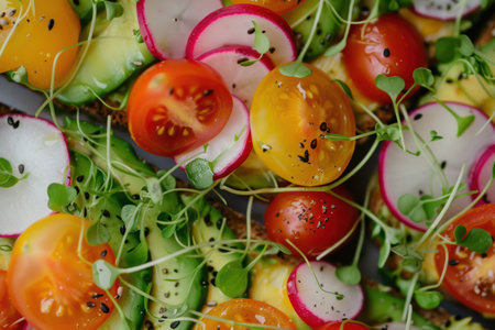 Close-up of vibrant avocado toast topped with cherry tomatoes, radish slices, and fresh microgreens. the crisp texture of the bread enhances the freshness of the ingredients, perfect for culinary presentations and healthy lifestyle themes.の素材