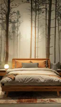 A serene bedroom features a sustainable wooden bed frame and matching nightstands, complemented by forest-inspired wallpaper. the soft lighting creates a warm and inviting ambiance, perfect for relaxation and a touch of nature indoors.の素材