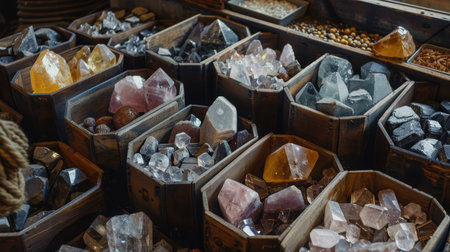 Raw, unprocessed rare earth minerals are arranged in wooden containers, showcasing various colors and shapes. the scene is warmly lit, creating an earthy ambiance suitable for natural-themed design applications.の素材