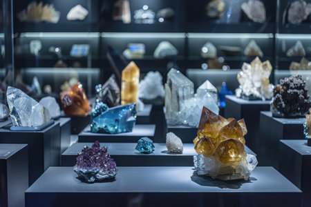 Polished rare earth minerals, artistically displayed in a sophisticated setting, evoke the elegance of exquisite jewelry. soft spotlights accentuate their unique colors and formations, creating an alluring and luxurious atmosphere.の素材