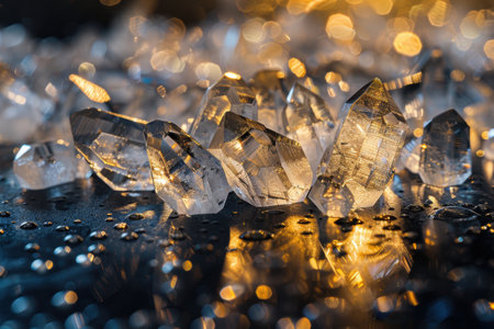 Rare earth mineral crystals are elegantly arranged on a reflective surface, highlighted by soft studio lighting. the warm reflections and intricate details of the crystals create a luxurious and sophisticated ambiance.の素材