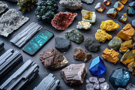Rare earth minerals displayed on a surface, showcasing their use in high-tech applications such as smartphones, wind turbines, and electric vehicle batteries, the essential link between natural resources and modern technology.の素材