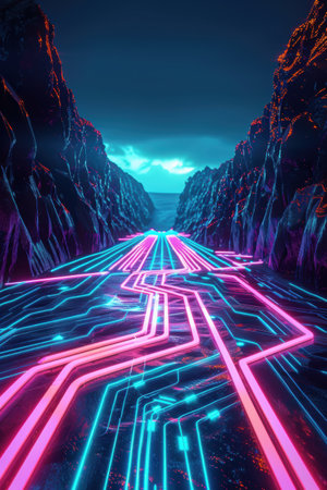 A vibrant cyber-themed landscape featuring a neon-lit circuit pathway traversing between rocky cliffs, symbolizing technological progress and futuristic innovation. the vivid colors and dynamic lines create a sense of depth and forward motion.の素材
