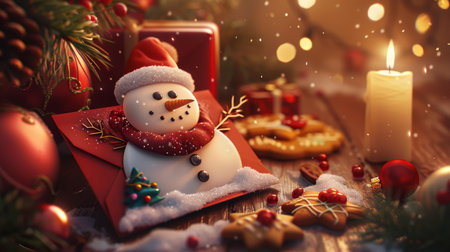 A charming holiday envelope featuring a snowman illustration, surrounded by festive cookies, ornaments, evergreen branches, and a lit candle on a wooden table. snowflakes add a touch of winter magic under warm ambient lighting.の素材