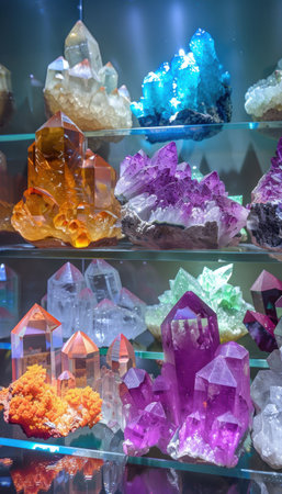Rare earth mineral crystals arranged beautifully in a luxurious display. spotlights enhance vibrant colors and unique structures, creating an elegant atmosphere reminiscent of a high-end store's gem collection showcase.の素材