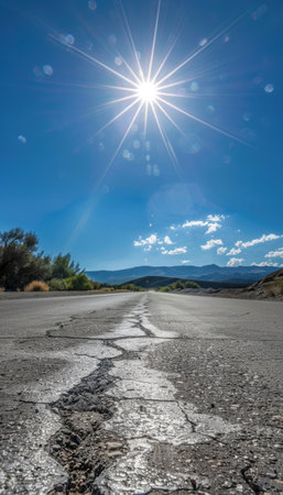 Cracked asphalt road stretches towards distant mountains under a clear blue sky. the intense summer sun creates heat waves shimmering above the surface, conveying the scorching temperature of a midsummer day in an arid landscape.の素材