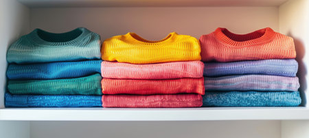 Vibrant sweatshirts in various colors are neatly stacked on a white shelf. the soft spotlight highlights the texture and fabric quality, making them ideal for fashion catalogs or retail advertisements focusing on vivid apparel.の素材