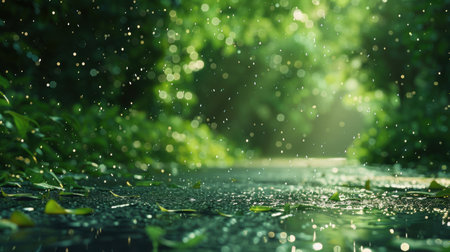 Lush green leaves glisten with raindrops during a gentle spring shower, creating a serene pathway. the vibrant foliage and dewy atmosphere evoke a sense of tranquility, perfect for designs focused on nature's renewal and freshness.の素材