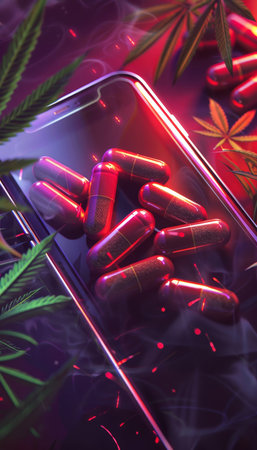 Anti-narcotics app mobile ad banner featuring sleek, modern design. red capsules scattered on a smartphone amidst glowing light and green leaves, app's focus on drug prevention and tech innovation.の素材
