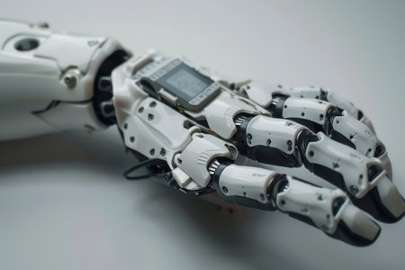Bionic prosthetic hand operating a drone with precision, illustrating advancements in assistive technology. the scene highlights the integration of robotics and control systems, showcasing futuristic innovation and functional design.の素材