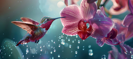 A hummingbird with iridescent feathers gracefully hovers near an exotic orchid, delicate beauty in a natural setting. ideal for fragrance campaigns, this vibrant scene elegance and allure of nature's wonders.の素材