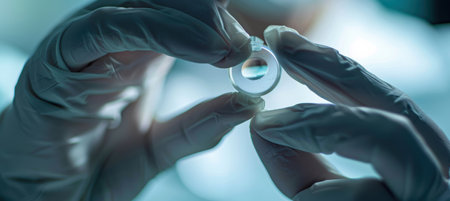 Surgeon's gloved hands carefully handle a transparent intraocular lens, focusing on precision and clarity in eye surgery. the image highlights the meticulous nature of surgical procedures and the advanced technology used in ophthalmology.の素材