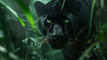 A captivating black panther emerges from the misty depths of a lush rainforest. its piercing green eyes exude mystery and allure, making it an ideal subject for a luxury fragrance advertisement, evoking elegance and seduction.の素材