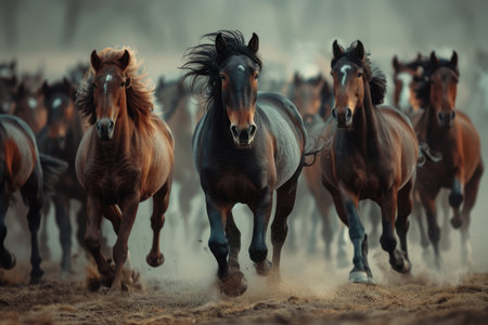 Wild horses gallop across a sunlit landscape, their powerful muscles and flowing manes symbolizing freedom and strength. dust rises around them, creating a dramatic and captivating scene ideal for wellness and vitality-themed designs.の素材