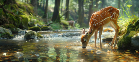 A serene deer delicately drinks from a pristine forest stream, surrounded by lush greenery and gentle sunlight. this tranquil scene embodies themes of purity and natural wellness, ideal for promoting organic skincare or holistic lifestyle concepts.の素材