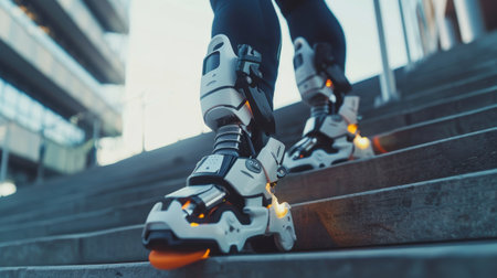 Advanced prosthetic foot technology showcases its smart adaptation as it adjusts automatically while a person ascends stairs. this breakthrough in mobility aids emphasizes innovation and enhanced functionality in modern prosthetics.の素材