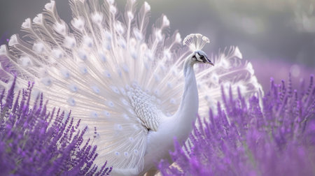 A stunning white peacock gracefully displays its fanned plumage amidst a vibrant lavender field. this image exudes elegance and sophistication, ideal for luxury branding, perfume adverts, and artistic creations focusing on beauty and opulence.の素材