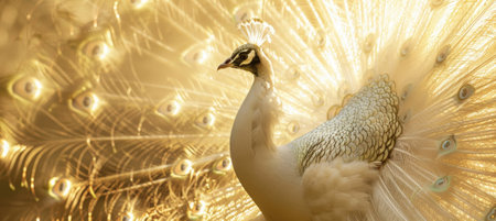 A stunning white peacock displays its fully fanned feathers, illuminated by soft golden lighting. the scene exudes elegance and sophistication, making it an ideal representation for high-end fashion branding or luxury design themes.の素材