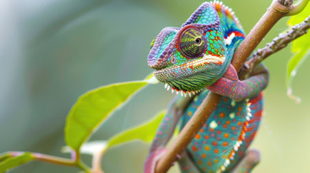 A close-up of a chameleon perched on a vine, showcasing its vibrant scales and intricate eyes. the macro perspective highlights the chameleon's adaptive skin color, blending seamlessly with its lush surroundings, capturing nature's artistry.の素材