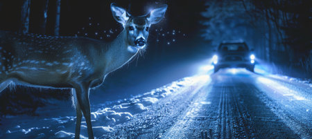 A deer stands motionless on a foggy, forested road, illuminated by the bright headlights of an approaching modern vehicle. the scene highlights the importance and functionality of advanced night vision safety systems in cars.の素材