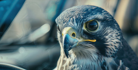 A focused falcon behind a steering wheel symbolizes the precision and responsiveness of autonomous vehicle sensors. the bird's piercing gaze highlights the sharp, vigilant nature required for self-driving technology.の素材