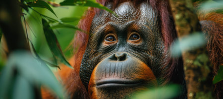 A bornean orangutan gazes intently, surrounded by lush jungle foliage. the image symbolizes the critical conservation efforts needed to protect these endangered primates and their natural habitats from ongoing environmental threats.の素材