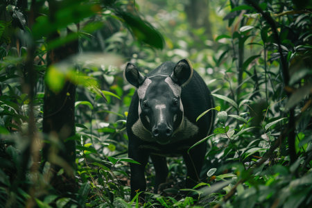 Malayan tapir cautiously steps out from dense foliage, showcasing its striking black and white markings against the vibrant greenery of the rainforest. highlights the unique contrast of the tapir's pattern in its natural environment.の素材