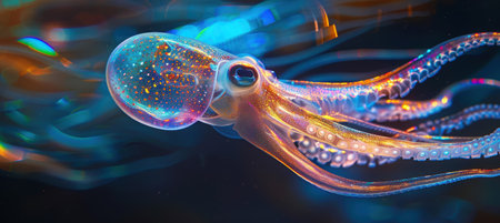 Deep within the ocean, a bioluminescent squid displays its vibrant array of neon colors, creating a captivating, shimmering trail as it moves gracefully through the dark waters. this enchanting marine scene highlights the wonders of ocean life.の素材