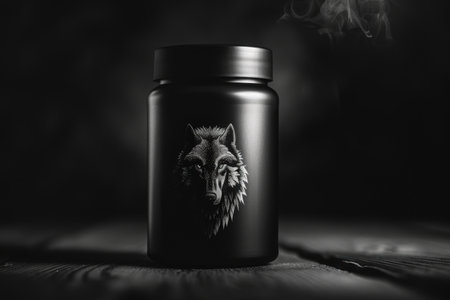 Sleek black container featuring a monochrome wolf head design, symbolizing primal strength and power. perfect for gym-goers and fitness enthusiasts, this design merges style with functionality, making it ideal for protein supplements.の素材