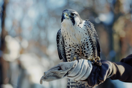 A falcon perches on a gloved hand adorned in ornate fashion, showcasing a blend of high fashion elegance and the falcon's fierce precision. the detailed attire and the bird's sharp gaze create a powerful image of luxury and control.の素材