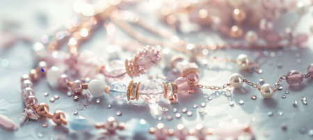 Featuring a roll-up banner design for a handmade jewelry business, showcasing close-up images of elegant bracelets and necklaces adorned with natural stones. the composition utilizes soft pastel tones, enhancing the delicate and refined aesthetic.の素材