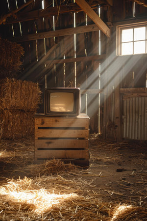 Vintage barn setting featuring an old tv on a wooden crate. sunlight streams through wooden slats, illuminating hay bales and casting dramatic shadows. ideal for themes of nostalgia, rustic charm, and rural ambiance.の素材