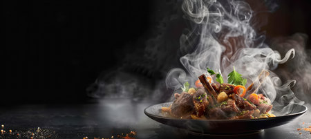 A roll-up banner for a restaurant displays a gourmet dish with vibrant vegetables and steam, creating a sense of freshness. the dark background and subtle gold typography emphasize a luxurious and sophisticated dining experience.の素材