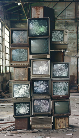 Vintage crt televisions stacked in an abandoned warehouse, showcasing various static patterns. the grungy, industrial setting adds to the retro ambiance, themes of nostalgia and urban decay in a digital age.の素材