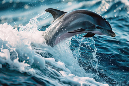 A dolphin joyfully jumps through vibrant ocean waves under a bright sky, embodying intelligence and curiosity. this dynamic scene is ideal for science education themes, symbolizing the playful yet intelligent nature of dolphins.の素材
