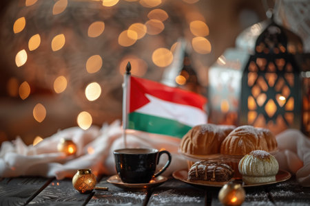 Traditional emirati coffee and an array of sweets on a table adorned with the uae flag, set against a soft-focus backdrop of a festive family gathering. warm lights and a cozy atmosphere highlight the cultural celebration.の素材