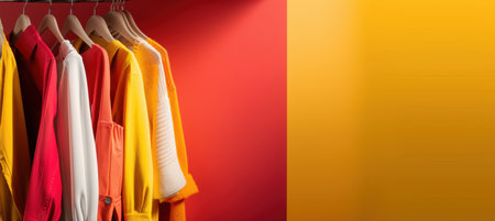 Vibrant fashion roll-up banner for a seasonal sale, showcasing trendy clothing with bold colors like red, yellow, and white. perfect for print, posters, or marketing material, the design captures attention with its eye-catching hues and contemporary style.の素材