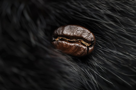 A striking close-up sleek black fur of a panther with a single roasted coffee bean, the contrast and concept of bold flavors. perfect for promoting specialty coffee brands with a distinctive, wild aesthetic.の素材