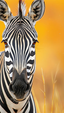 Close-up view of a zebra's perfectly symmetrical black-and-white stripes with a soft, blurred backdrop of golden savanna grass. the image highlights the intricate patterns and striking contrast of the zebra's unique coat.の素材