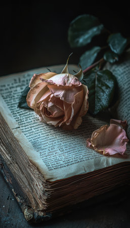 A wilted rose rests on an open book, its petals drying and falling off. the yellowed pages and soft lighting enhance the theme of transient love and life, providing a poignant and artistic portrayal suitable for reflective designs.の素材
