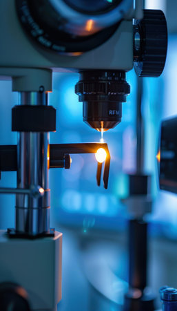 Advanced laser technology used in contemporary cataract surgery emphasizes precision and innovation. the detailed view intricate design and functionality of the surgical instrument, its role in enhancing eye care procedures.の素材