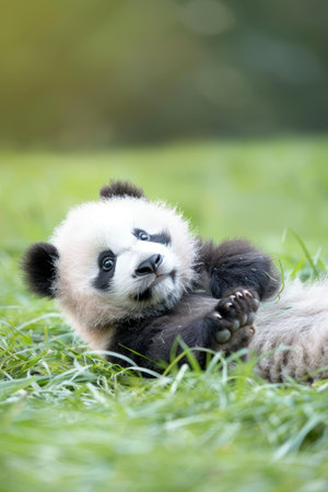 A baby panda enjoys a playful moment, rolling in vibrant green grass at a wildlife sanctuary. its fluffy black and white fur contrasts beautifully with the lush backdrop, capturing the essence of innocence and nature's tranquility.の素材