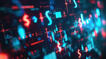 Interconnected financial symbols glow within a digital web, symbolizing a global financial network. the image features neon blue highlights on a dark background, conveying themes of technology, innovation, and cryptocurrency.の素材