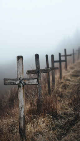 Wooden crosses of varying sizes stand on a windswept hill, each unique in condition, shrouded in a foggy background. the scene evokes a melancholic and somber atmosphere, with the fog adding a haunting and mysterious touch to the landscape.の素材