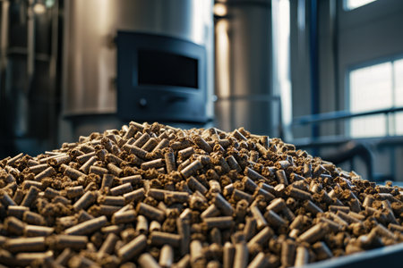 Eco-friendly heating pellets in a metal storage bin highlight their uniformity and high efficiency. perfect for promoting sustainable energy solutions, these premium quality pellets are ideal for eco-conscious heating systems and storage needs.の素材