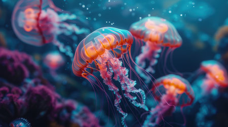 Ethereal jellyfish illuminated in vivid blues glide through the ocean's depths, creating a mesmerizing, futuristic scene. the tranquil movement and mysterious ambiance inspire innovation and wonder, perfect for tech branding.の素材