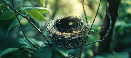 A fragile, empty bird's nest rests on a moss-covered branch deep in a dense forest. the nest signifies the fleeting nature of life and the passage of time, surrounded by lush greenery and softly filtered light, creating a serene atmosphere.の素材